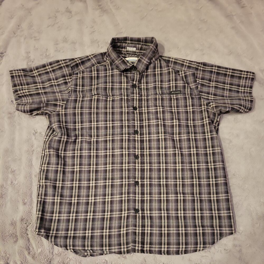 Columbia Shirt Men's Black & Gray Plaid Short Sleeve Button Up Size Large